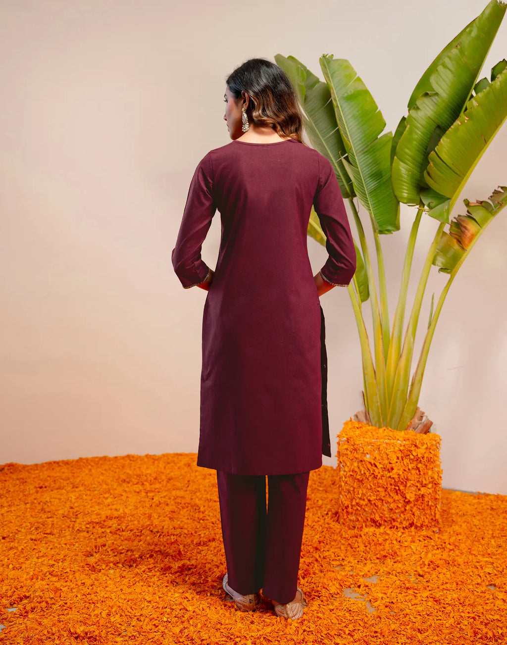 Plum Wine Round Neck Embroidered Straight 3 Piece Kurta Set with Dupatta