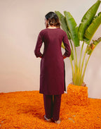 Plum Wine Round Neck Embroidered Straight 3 Piece Kurta Set with Dupatta