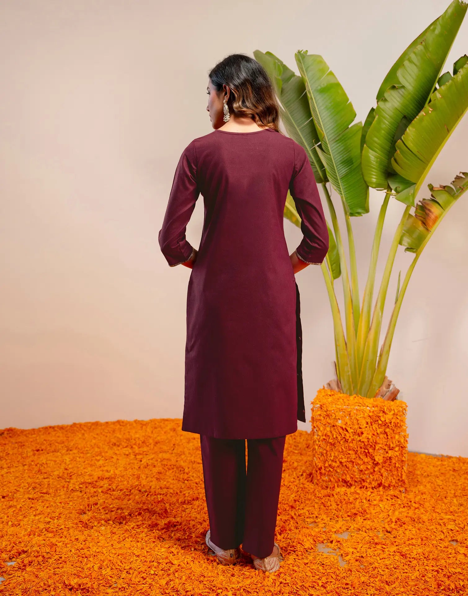Plum Wine Round Neck Embroidered Straight 3 Piece Kurta Set with Dupatta