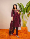 Plum Wine Round Neck Embroidered Straight 3 Piece Kurta Set with Dupatta