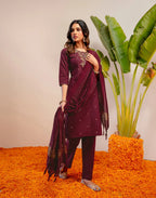 Plum Wine Round Neck Embroidered Straight 3 Piece Kurta Set with Dupatta