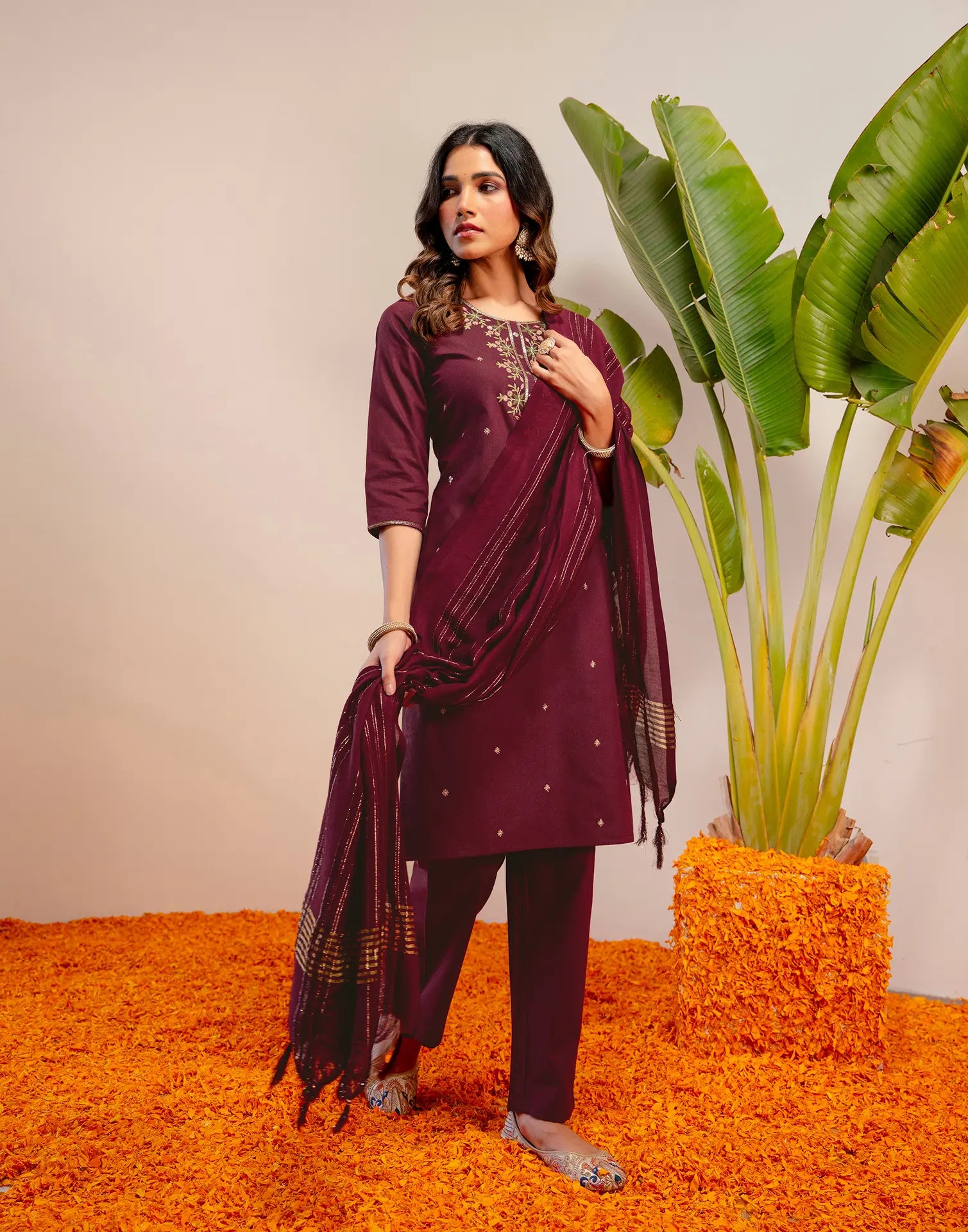 Plum Wine Round Neck Embroidered Straight 3 Piece Kurta Set with Dupatta