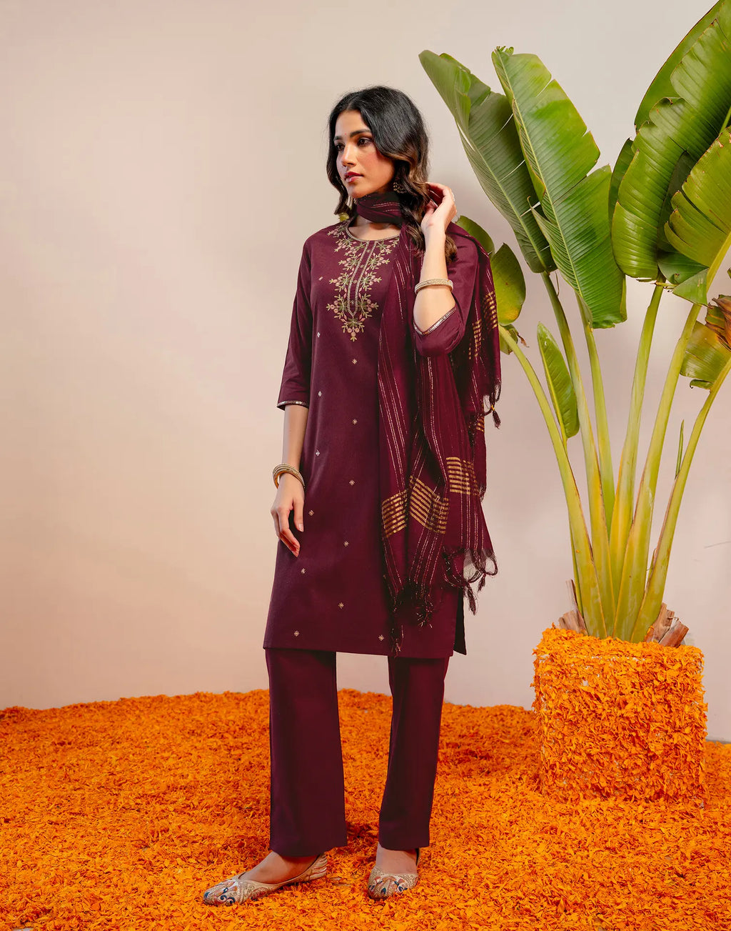 Plum Wine Round Neck Embroidered Straight 3 Piece Kurta Set with Dupatta