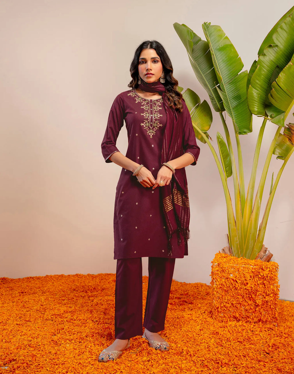 Plum Wine Round Neck Embroidered Straight 3 Piece Kurta Set with Dupatta