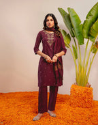 Plum Wine Round Neck Embroidered Straight 3 Piece Kurta Set with Dupatta