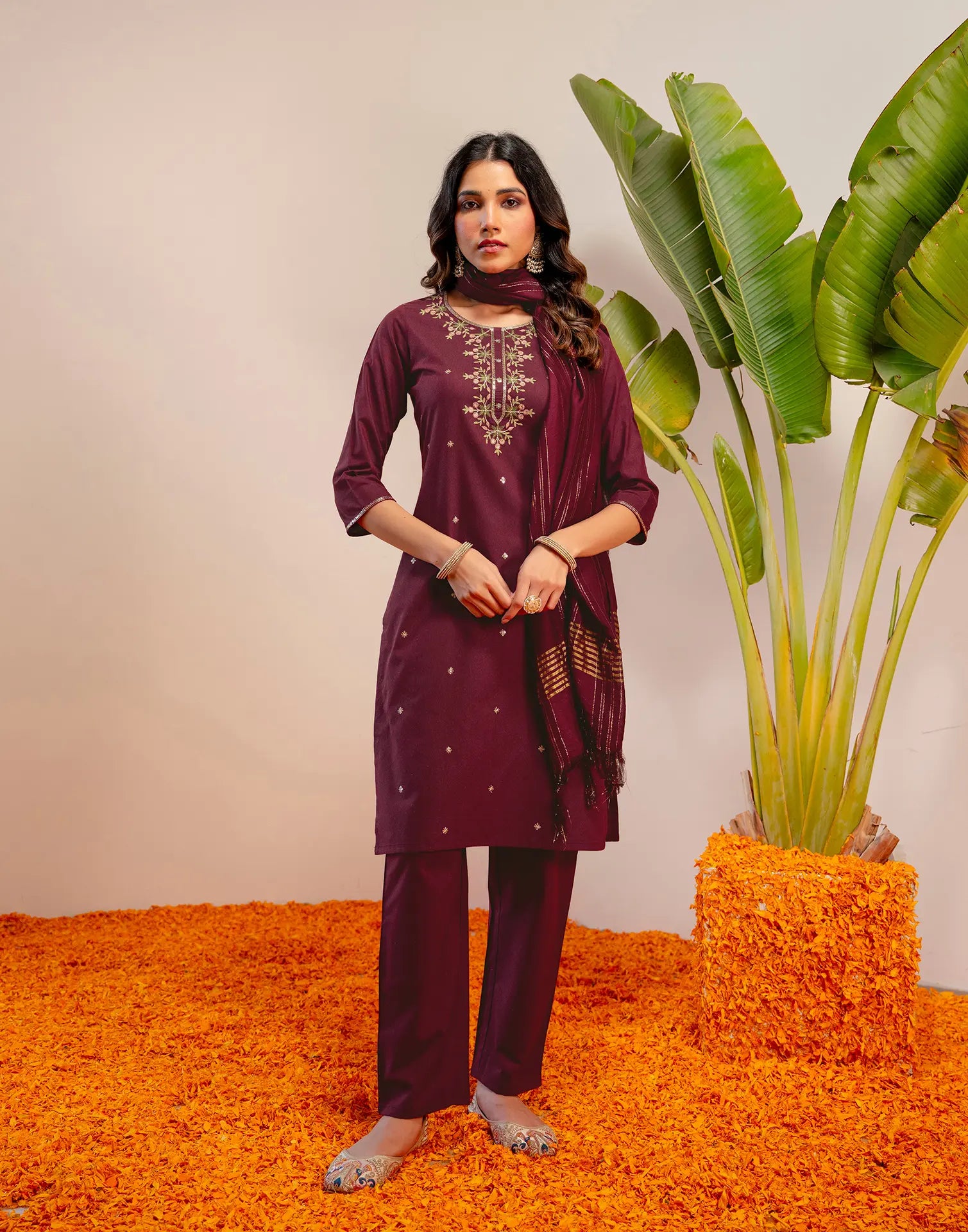 Plum Wine Round Neck Embroidered Straight 3 Piece Kurta Set with Dupatta