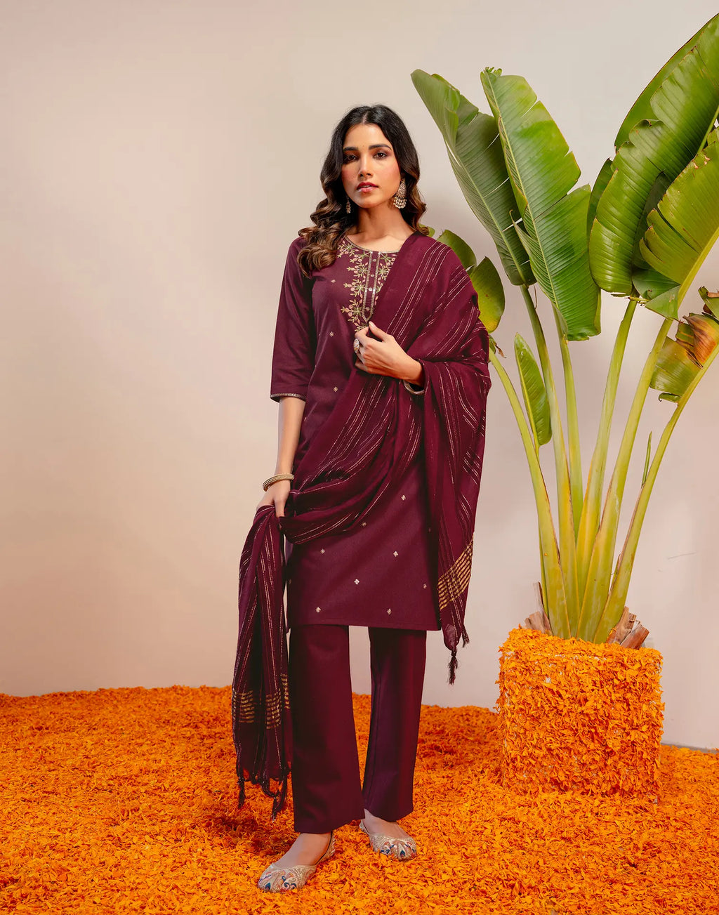 Plum Wine Round Neck Embroidered Straight 3 Piece Kurta Set with Dupatta