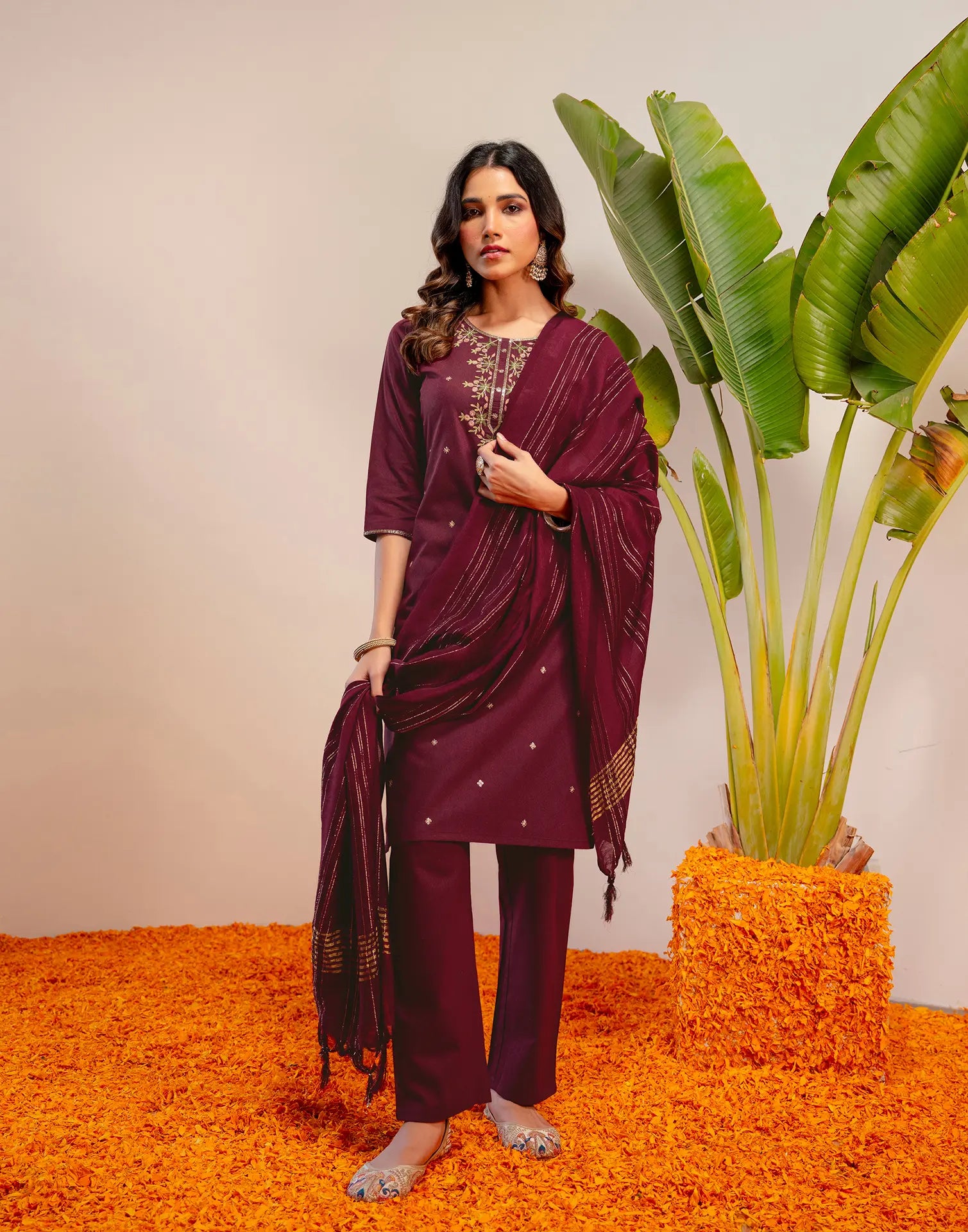 Plum Wine Round Neck Embroidered Straight 3 Piece Kurta Set with Dupatta