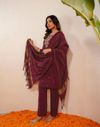 Plum Wine Round Neck Embroidered Straight 3 Piece Kurta Set with Dupatta
