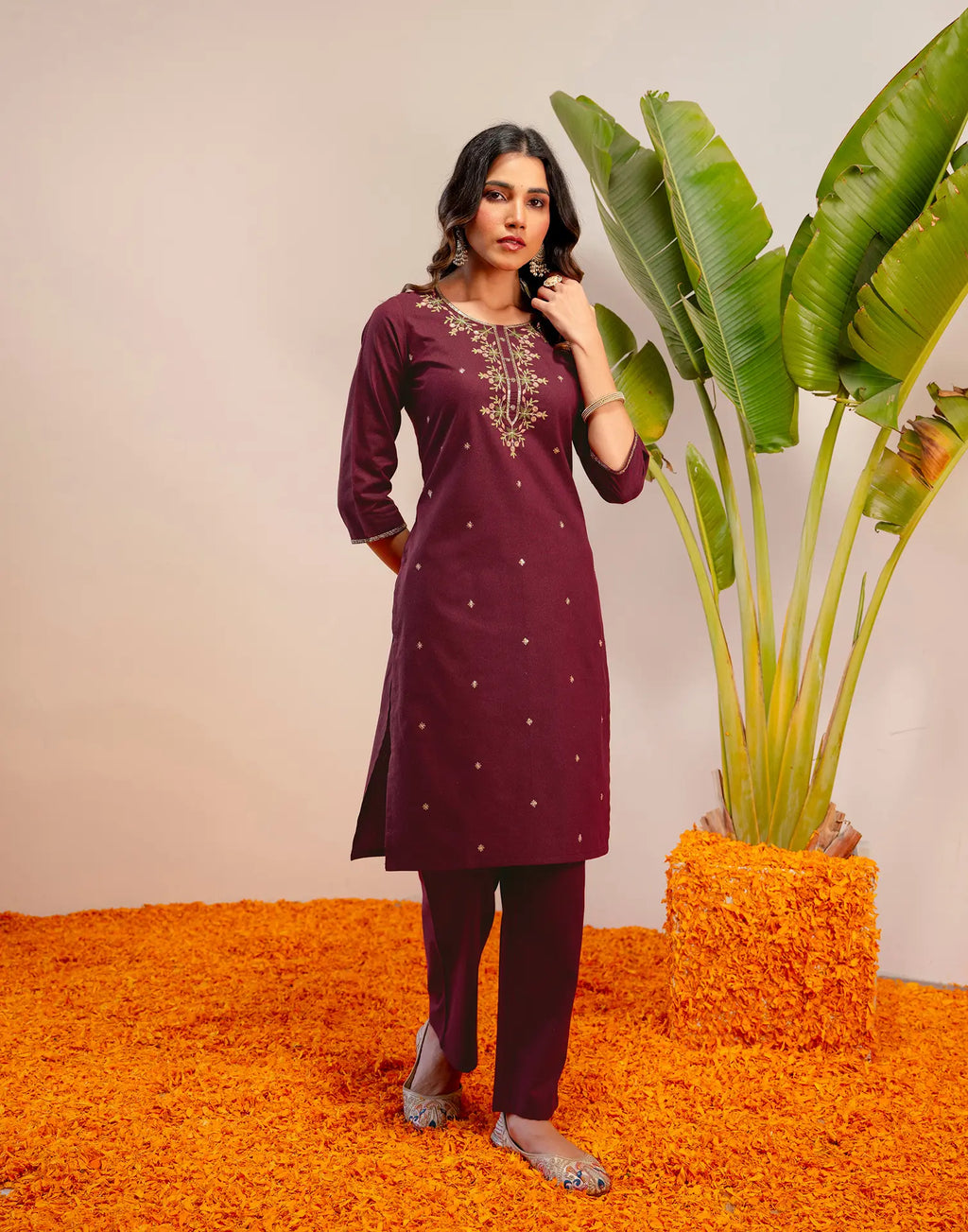 Plum Wine Round Neck Embroidered Straight 3 Piece Kurta Set with Dupatta