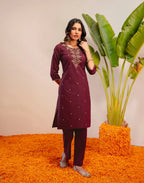 Plum Wine Round Neck Embroidered Straight 3 Piece Kurta Set with Dupatta