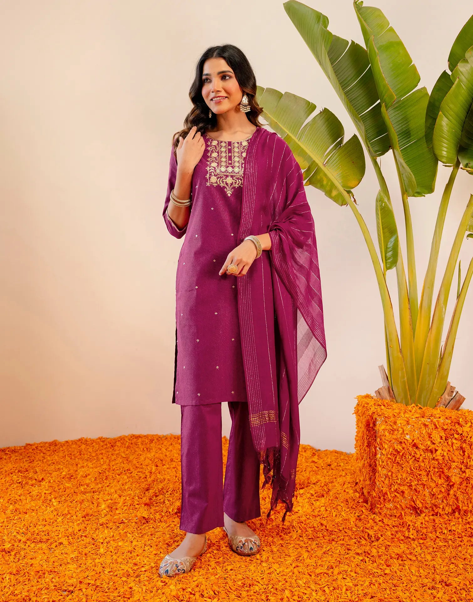 Berry Pink Round Neck Embroidered Straight 3 Piece Kurta Set with Dupatta