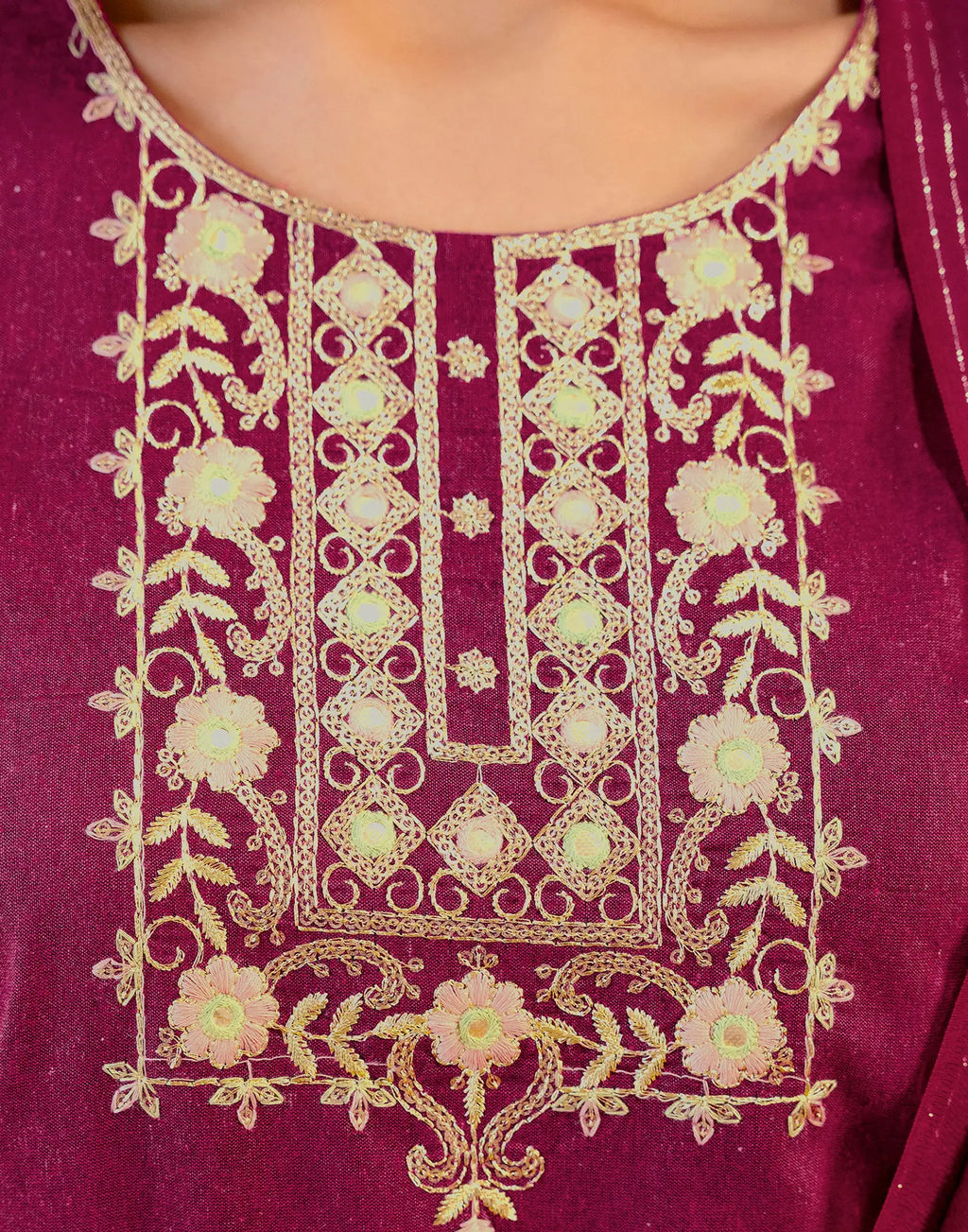 Berry Pink Round Neck Embroidered Straight 3 Piece Kurta Set with Dupatta