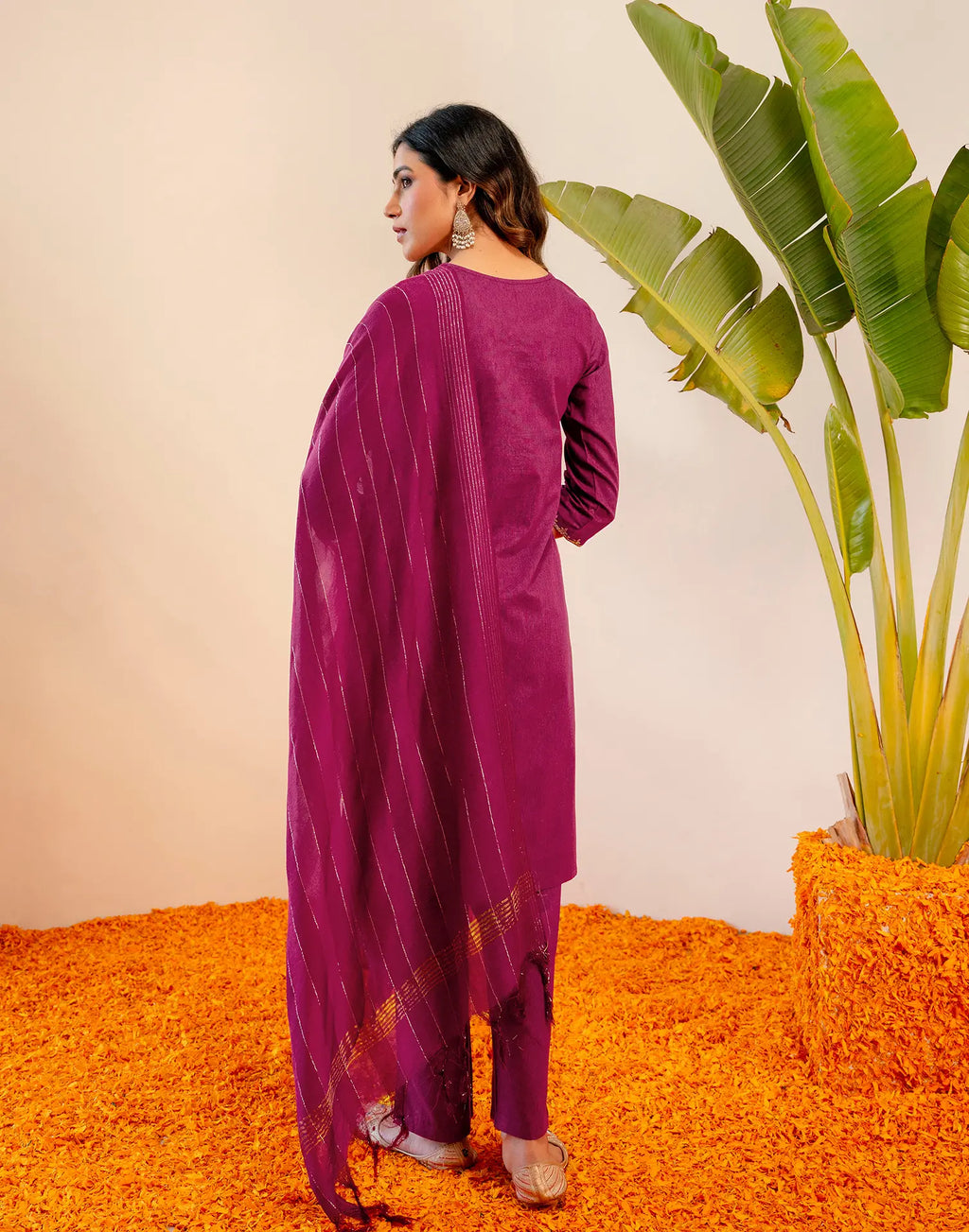 Berry Pink Round Neck Embroidered Straight 3 Piece Kurta Set with Dupatta
