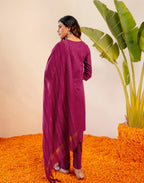 Berry Pink Round Neck Embroidered Straight 3 Piece Kurta Set with Dupatta