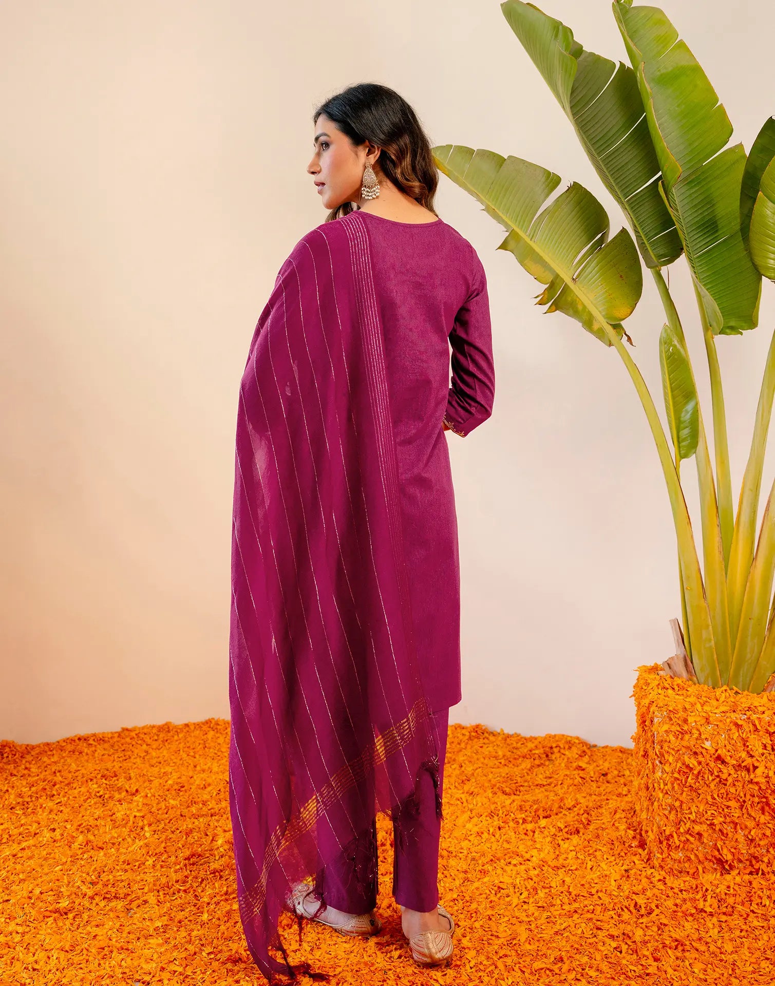 Berry Pink Round Neck Embroidered Straight 3 Piece Kurta Set with Dupatta