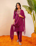 Berry Pink Round Neck Embroidered Straight 3 Piece Kurta Set with Dupatta