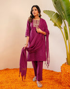 Berry Pink Round Neck Embroidered Straight 3 Piece Kurta Set with Dupatta