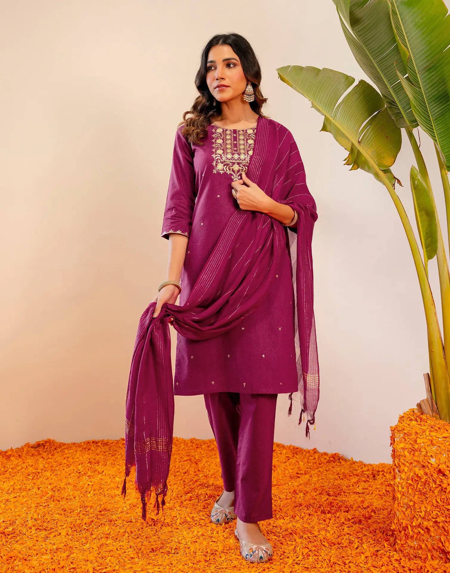 Berry Pink Round Neck Embroidered Straight 3 Piece Kurta Set with Dupatta