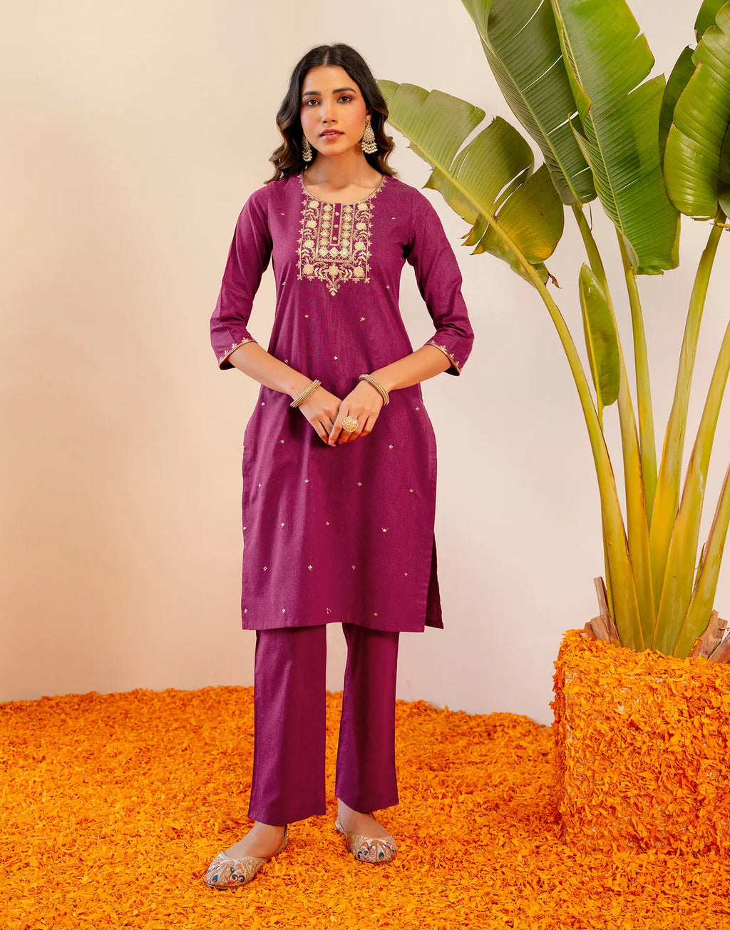 Berry Pink Round Neck Embroidered Straight 3 Piece Kurta Set with Dupatta