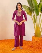 Berry Pink Round Neck Embroidered Straight 3 Piece Kurta Set with Dupatta
