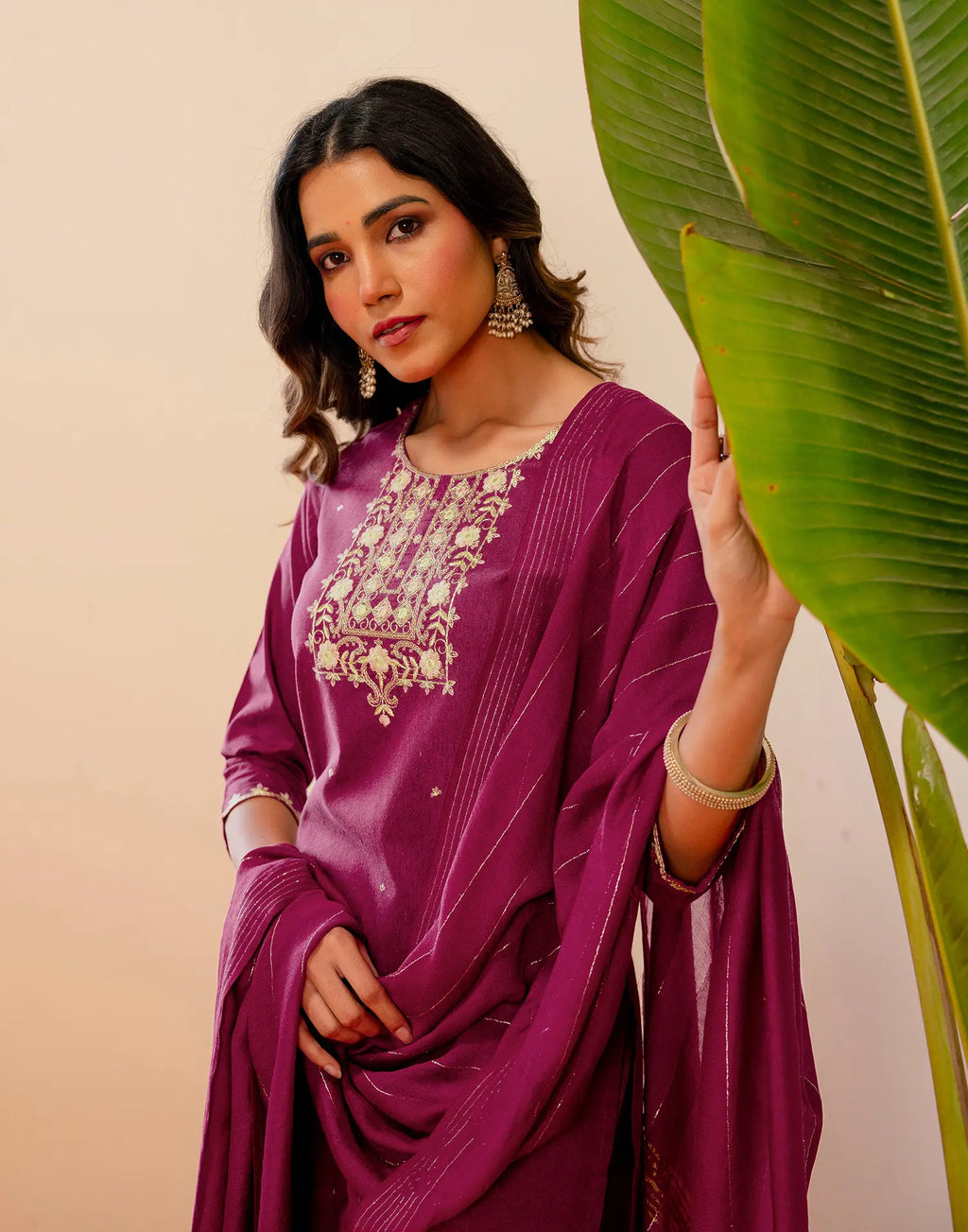 Berry Pink Round Neck Embroidered Straight 3 Piece Kurta Set with Dupatta