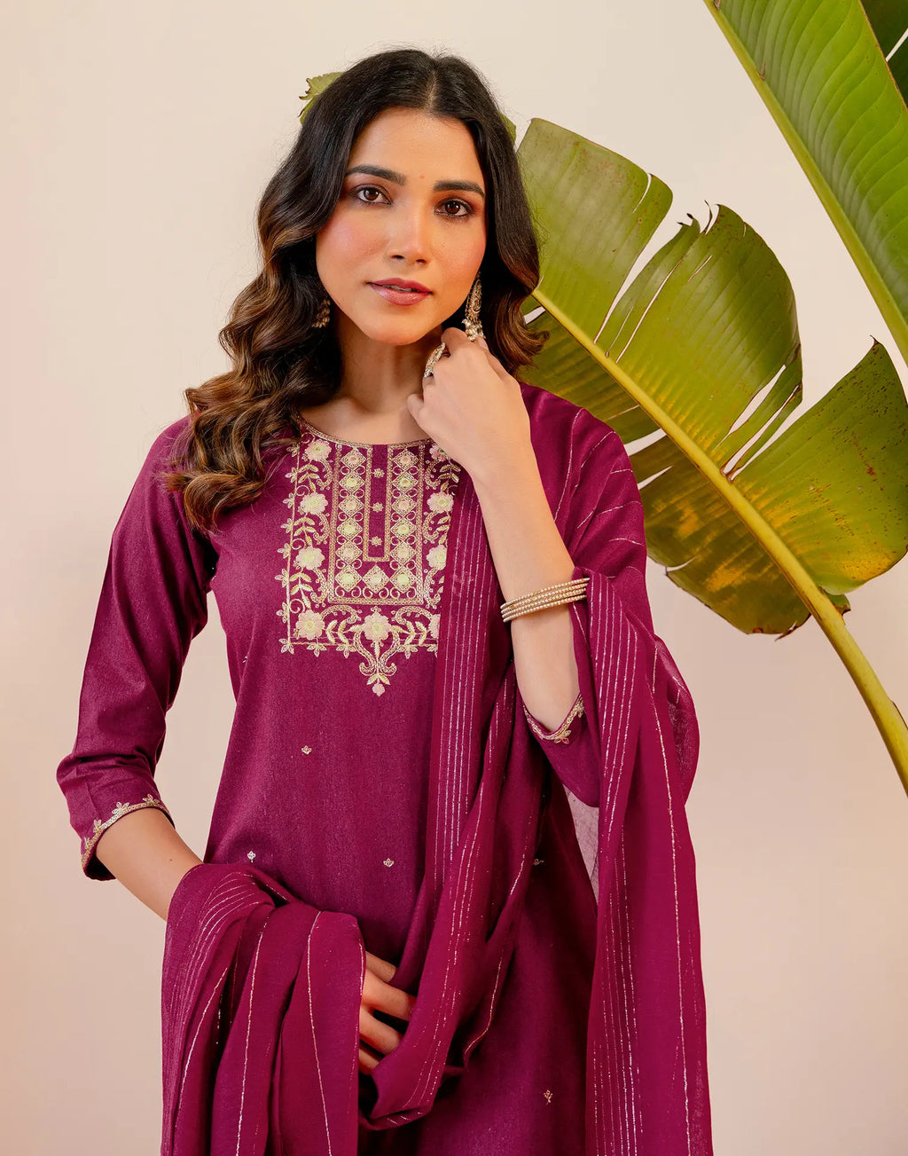 Berry Pink Round Neck Embroidered Straight 3 Piece Kurta Set with Dupatta