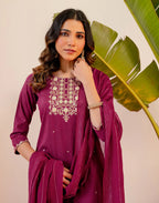 Berry Pink Round Neck Embroidered Straight 3 Piece Kurta Set with Dupatta