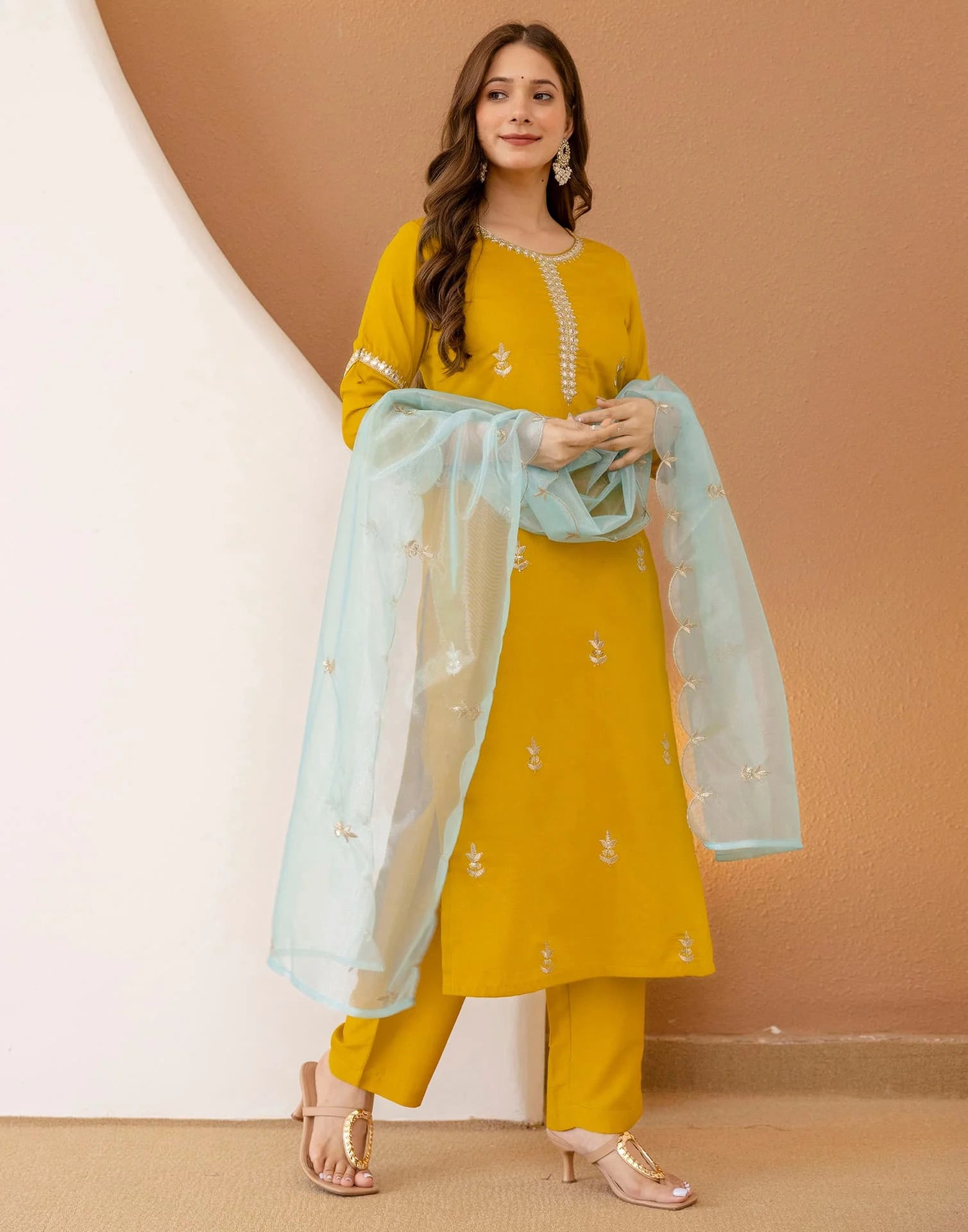 Affordable Yellow Cotton Embroidered Straight Kurta Set Round Neck Cotton Kurti with Pant & Dupatta