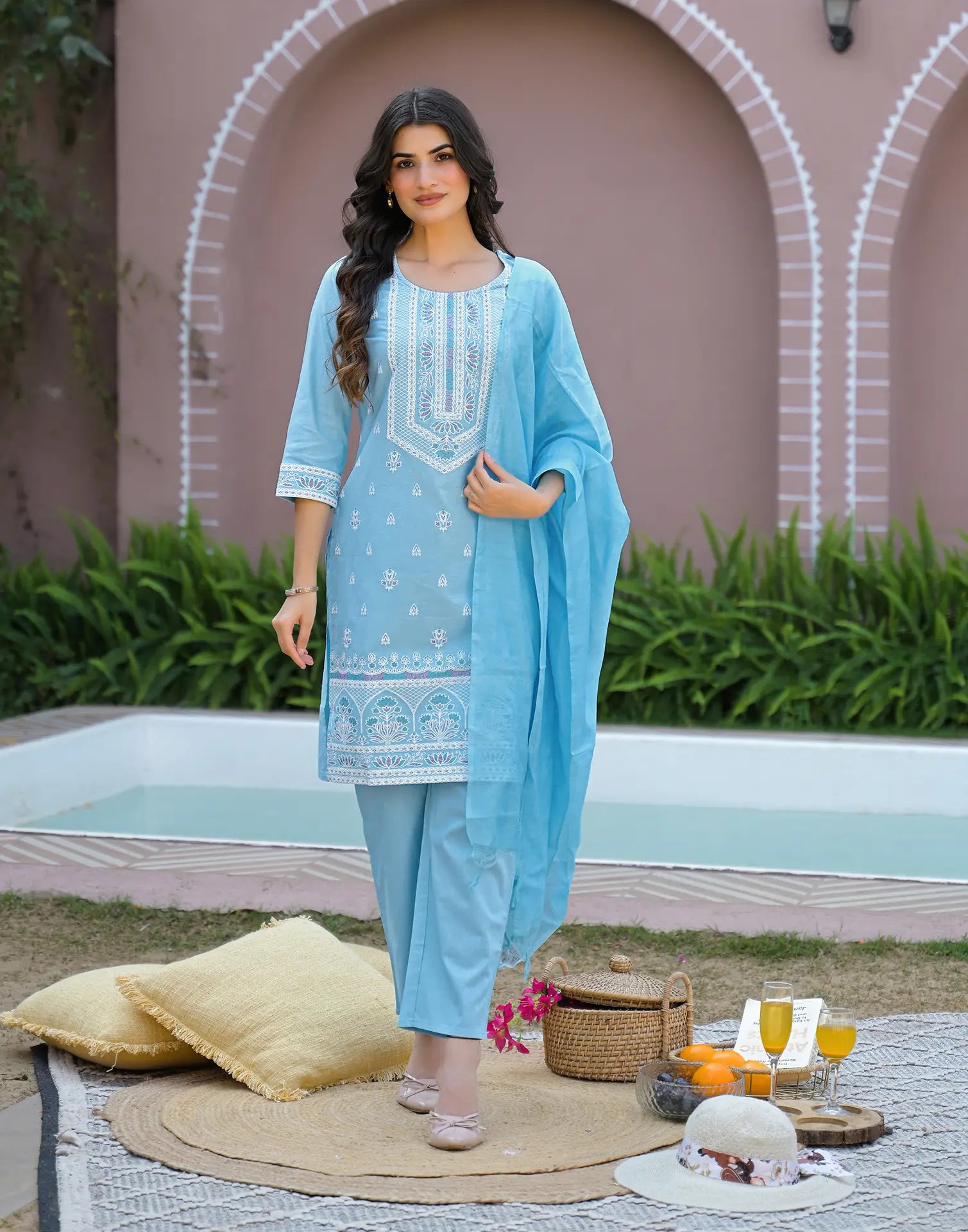 Powder Blue Round Neck Pigment Print Straight 3 Piece Kurta Set with Dupatta