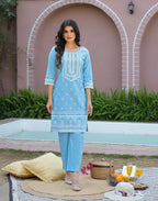 Powder Blue Round Neck Pigment Print Straight 3 Piece Kurta Set with Dupatta