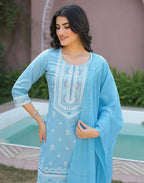 Powder Blue Round Neck Pigment Print Straight 3 Piece Kurta Set with Dupatta