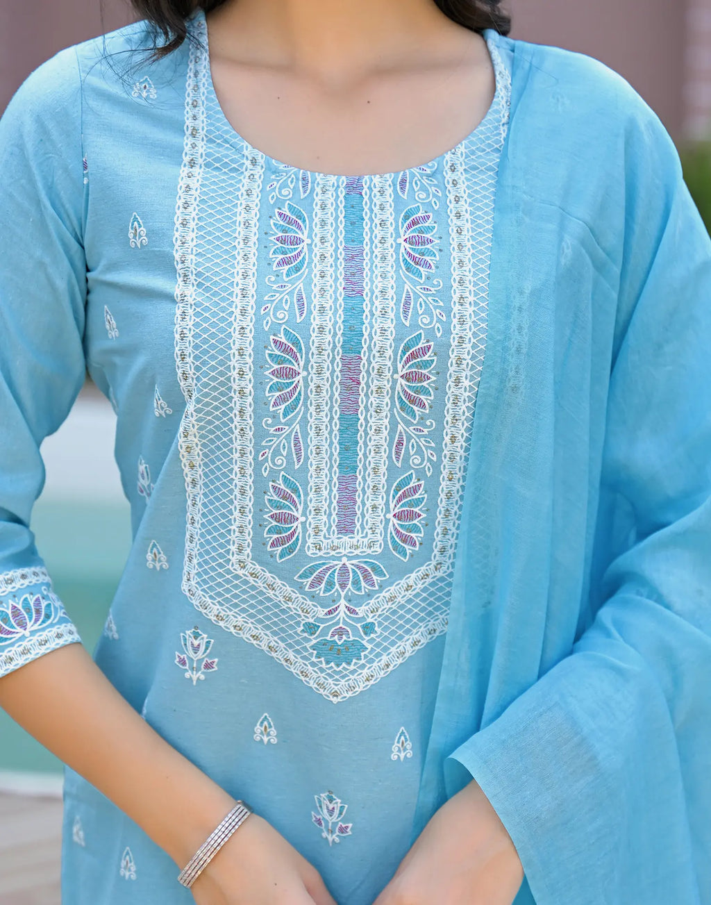 Powder Blue Round Neck Pigment Print Straight 3 Piece Kurta Set with Dupatta