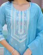 Powder Blue Round Neck Pigment Print Straight 3 Piece Kurta Set with Dupatta