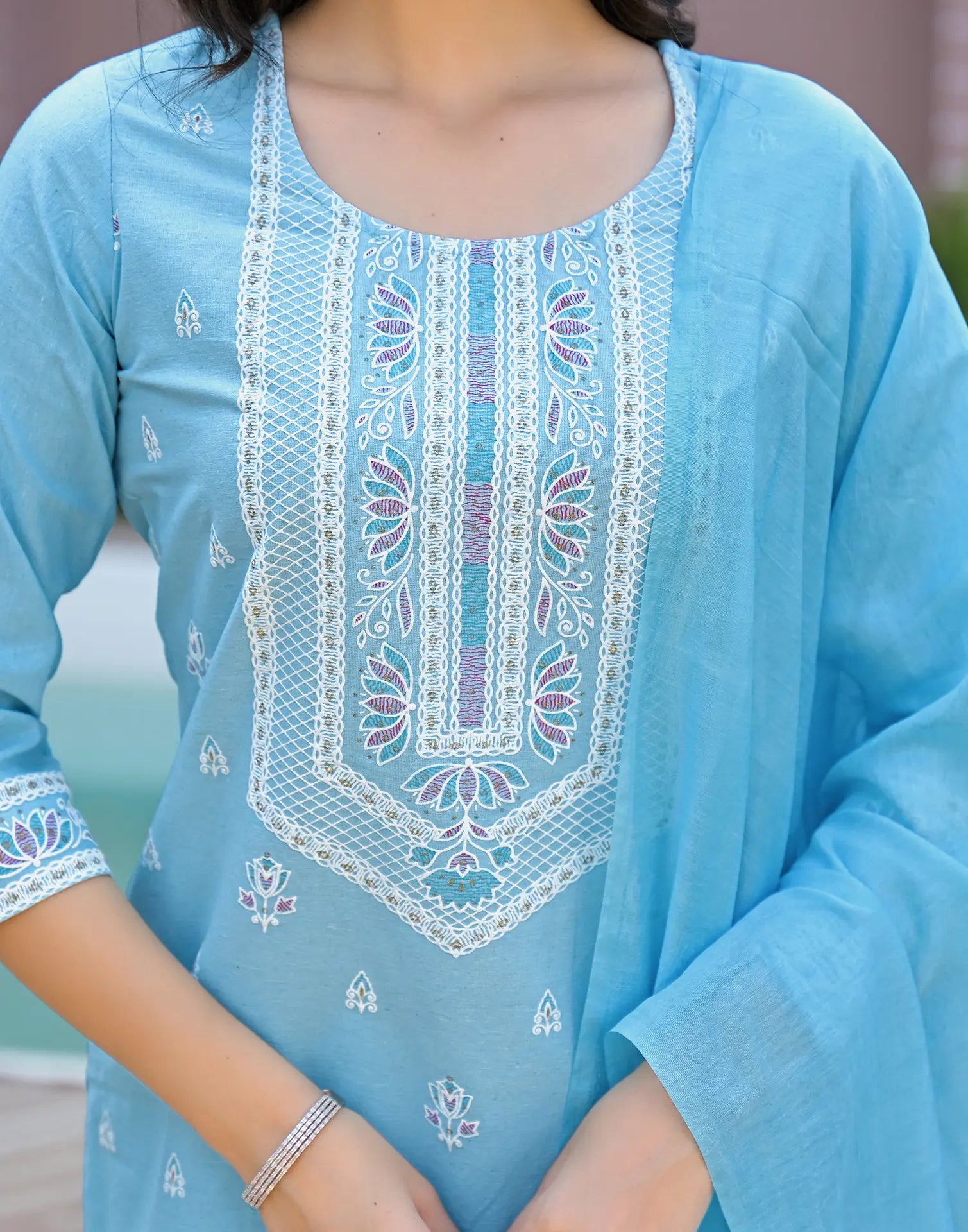 Powder Blue Round Neck Pigment Print Straight 3 Piece Kurta Set with Dupatta