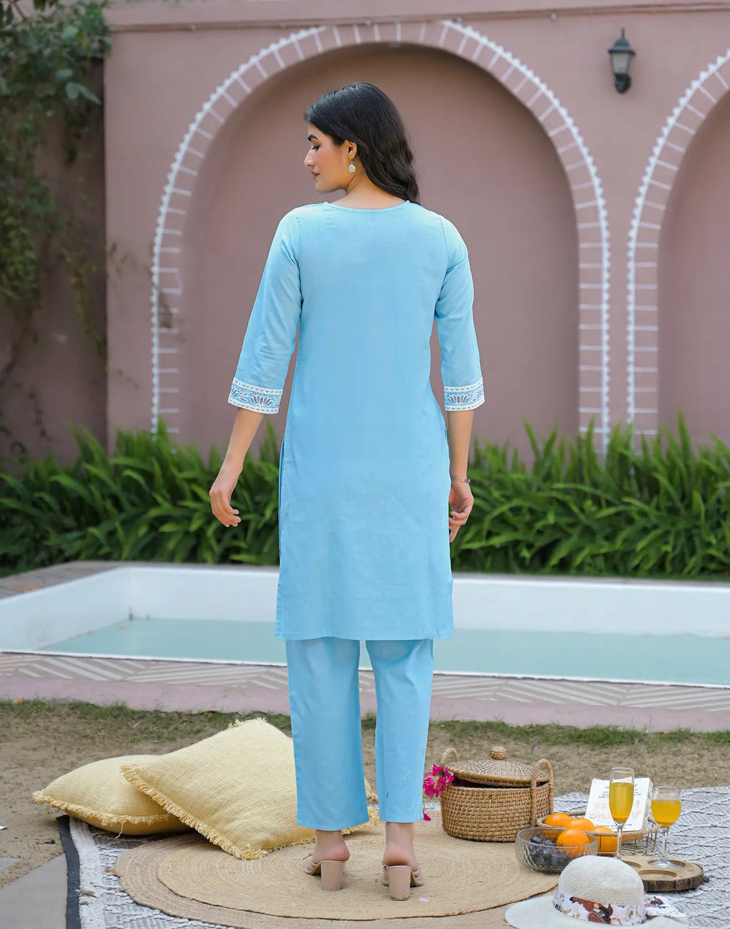 Powder Blue Round Neck Pigment Print Straight 3 Piece Kurta Set with Dupatta