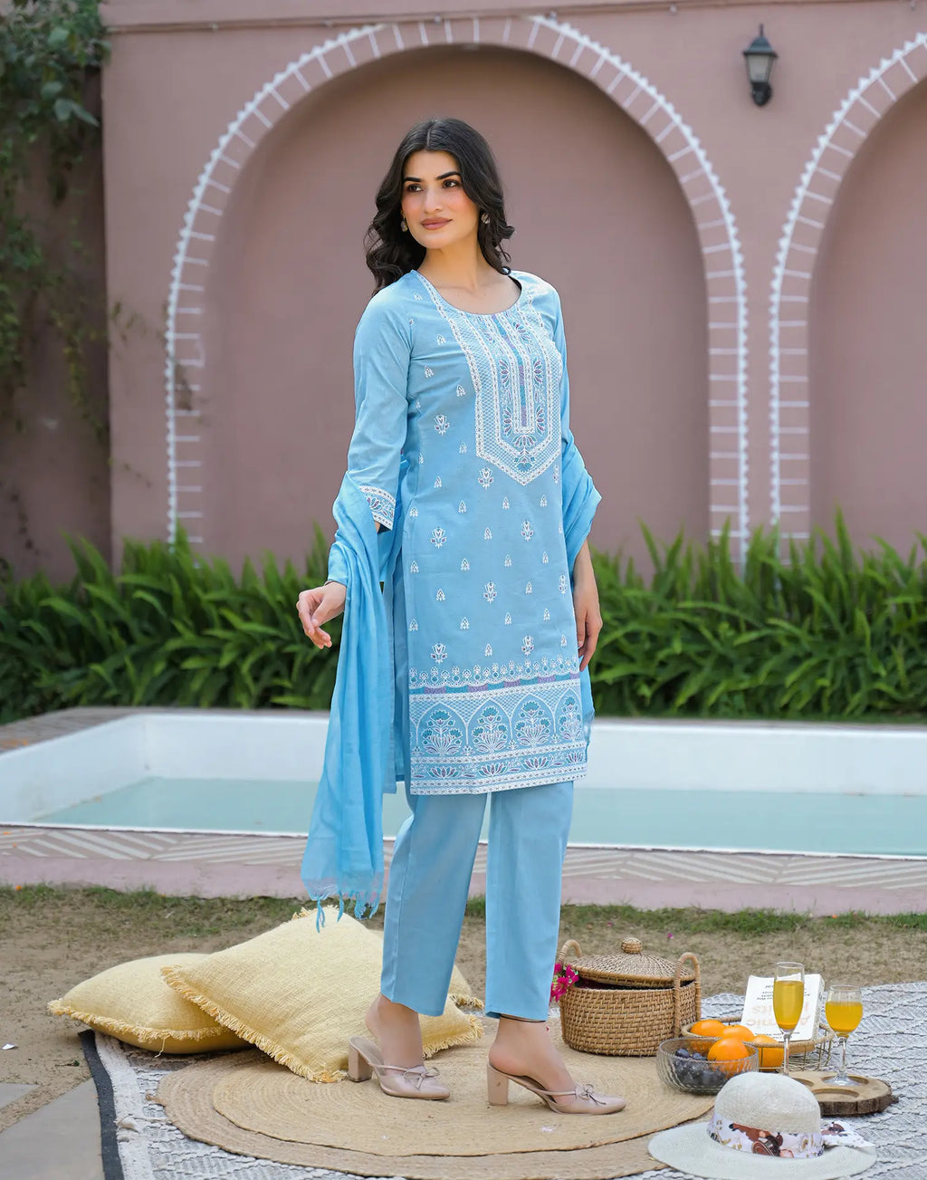 Powder Blue Round Neck Pigment Print Straight 3 Piece Kurta Set with Dupatta