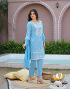 Powder Blue Round Neck Pigment Print Straight 3 Piece Kurta Set with Dupatta