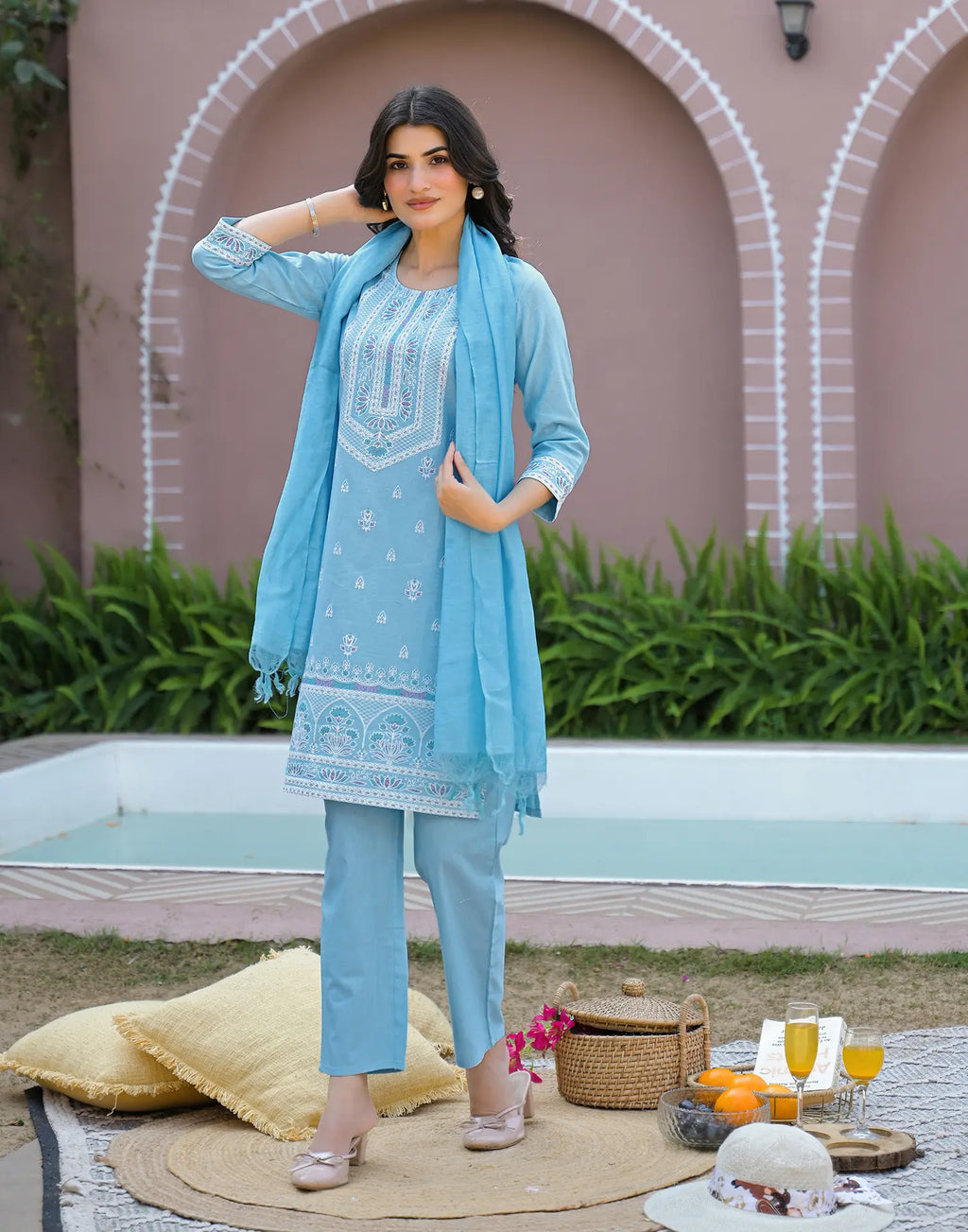 Powder Blue Round Neck Pigment Print Straight 3 Piece Kurta Set with Dupatta