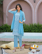 Powder Blue Round Neck Pigment Print Straight 3 Piece Kurta Set with Dupatta