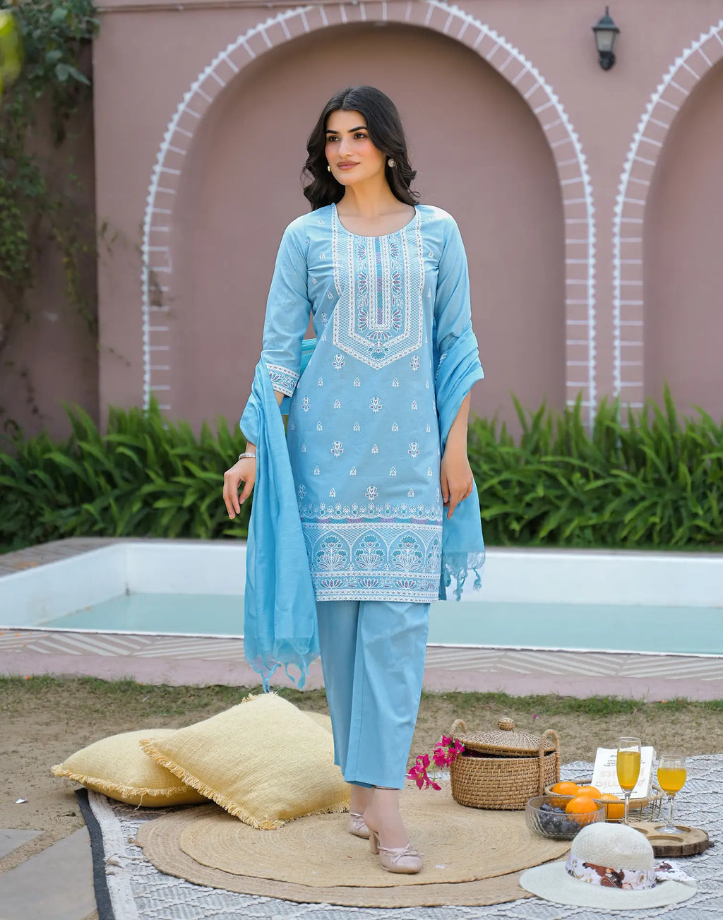 Powder Blue Round Neck Pigment Print Straight 3 Piece Kurta Set with Dupatta