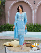 Powder Blue Round Neck Pigment Print Straight 3 Piece Kurta Set with Dupatta