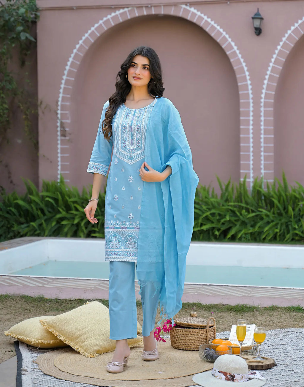 Powder Blue Round Neck Pigment Print Straight 3 Piece Kurta Set with Dupatta