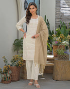 Natural Beige Round Neck Pigment Print Straight 3 Piece Kurta Set with Dupatta