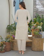 Natural Beige Round Neck Pigment Print Straight 3 Piece Kurta Set with Dupatta