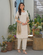 Natural Beige Round Neck Pigment Print Straight 3 Piece Kurta Set with Dupatta