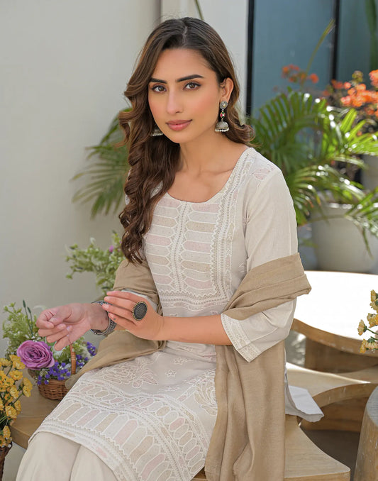 Natural Beige Round Neck Pigment Print Straight 3 Piece Kurta Set With Dupatta