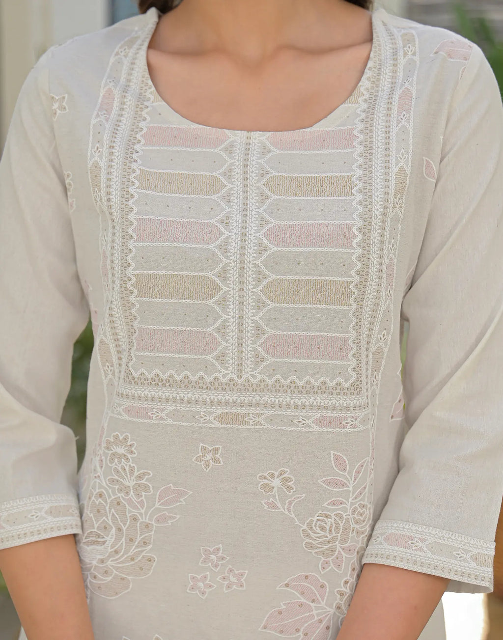 Natural Beige Round Neck Pigment Print Straight 3 Piece Kurta Set with Dupatta