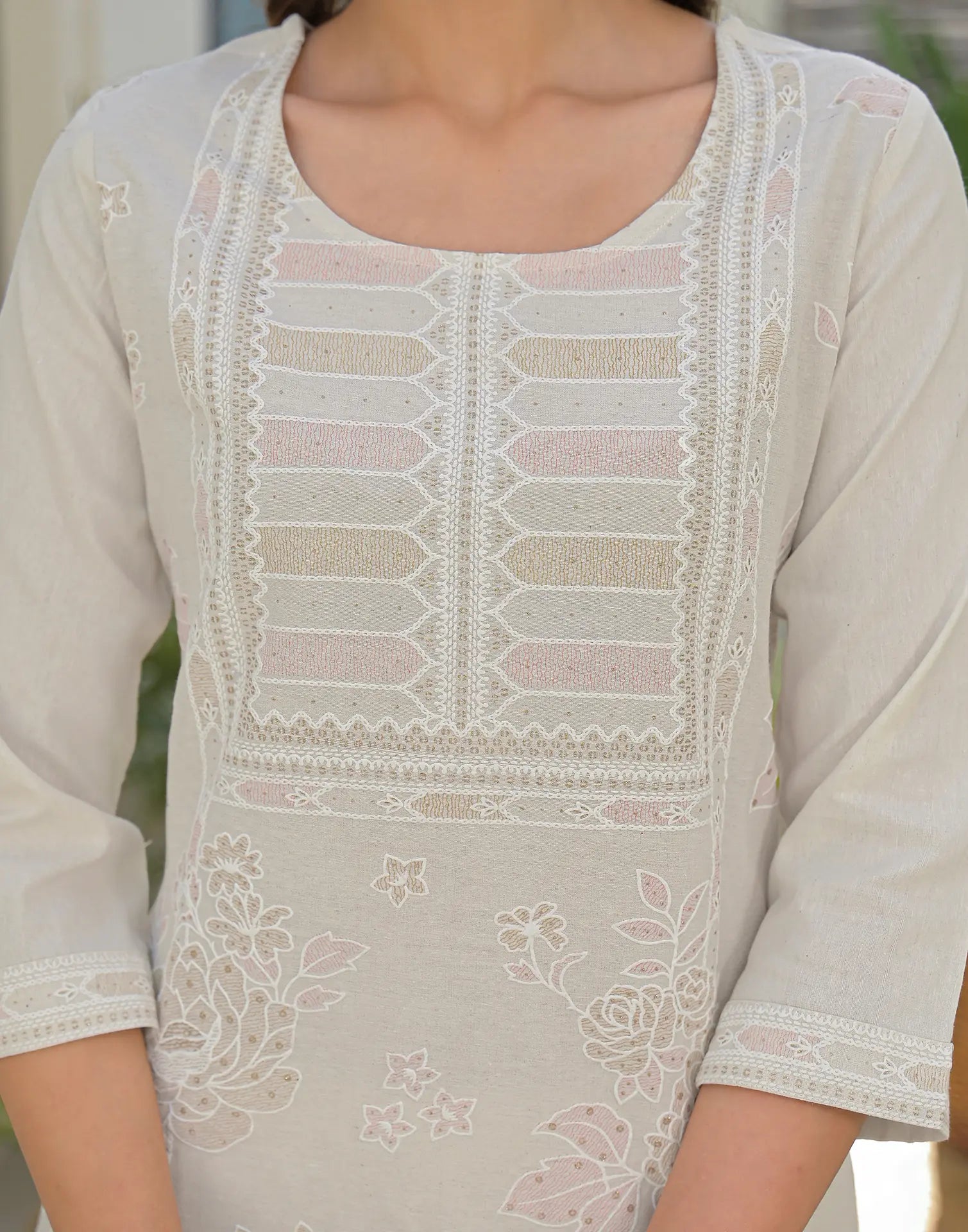 Natural Beige Round Neck Pigment Print Straight 3 Piece Kurta Set with Dupatta