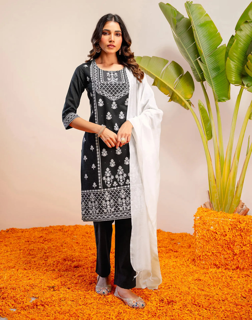 Noir Black Round Neck Pigment Print Straight 3 Piece Kurta Set with Dupatta